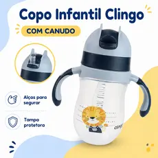 Copo de Treinamento Clingo 220ml com Canudo e Alça Infantil Transição Bebê Leão Livre de BPA Segurança Conforto