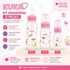 Kit 3 Mamadeiras Kuka Natural Plus Rosa – Bico Ortodôntico (70ml, 160ml, 250ml)