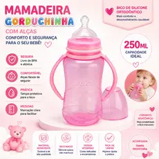 Mamadeira Pepeta Gorduchinha com Alça 330ml Rosa - Bico de Silicone