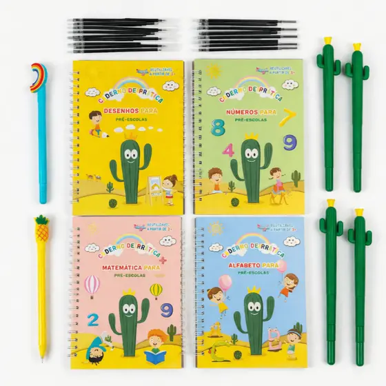 Kit 4 Cadernos de Caligrafia Mágico em Portugues Grande Infantil com Caneta Invisível