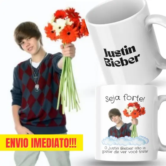 Caneca Xicara Porcelana 325ml Seja Forte Justin Bieber Personalizada Presente Decoração Casa Natal
