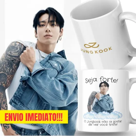 Caneca Xicara Porcelana 325ml Seja Forte Jungkook BTS K-Pop Personalizada Presente Decoração Casa