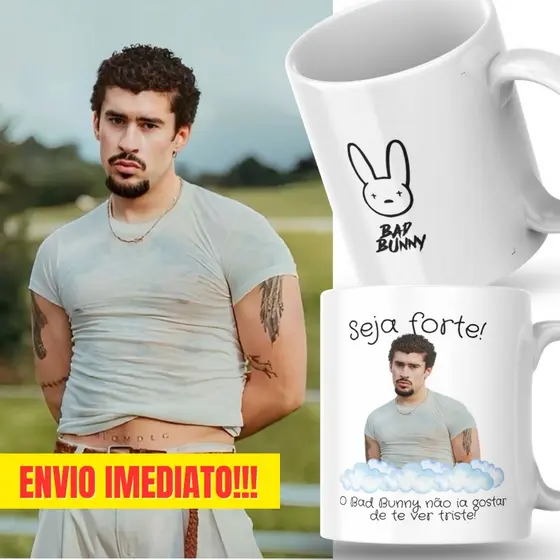 Caneca Xicara Porcelana 325ml Seja Forte Bad Bunny Fã Fãs Personalizada Presente Decoração Casa