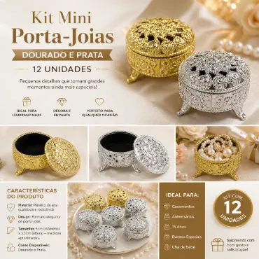 Kit 12 Mini Caixinhas Decorativas Porta-Joias Douradas Prata Para Mesa de Festa