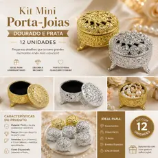 Kit 12 Mini Caixinhas Decorativas Porta-Joias Douradas Prata Para Mesa de Festa