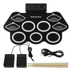 Bateria Elêtronica Musical Silicone Digital 9 Pads 2 Pedais Baquetas em dobrável EMT-S309 EXBOM