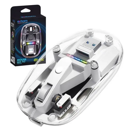 Mouse Sem Fio Recarregável translucido RGB Dual Modo Wireless 2.4g + Bluetooth MS-S350T EXBOM