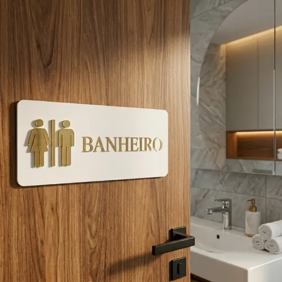 Placa Sinalização Banehiro em MDF Branco com Acrílico Espelhado Premium - Promoção !