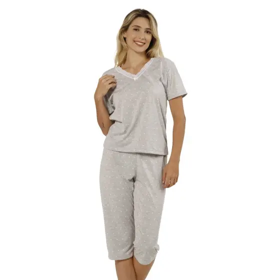 Pijama Feminino Pescador Malha Premium Gola em V Bermudão Roupa de Dormir Envio Rápido