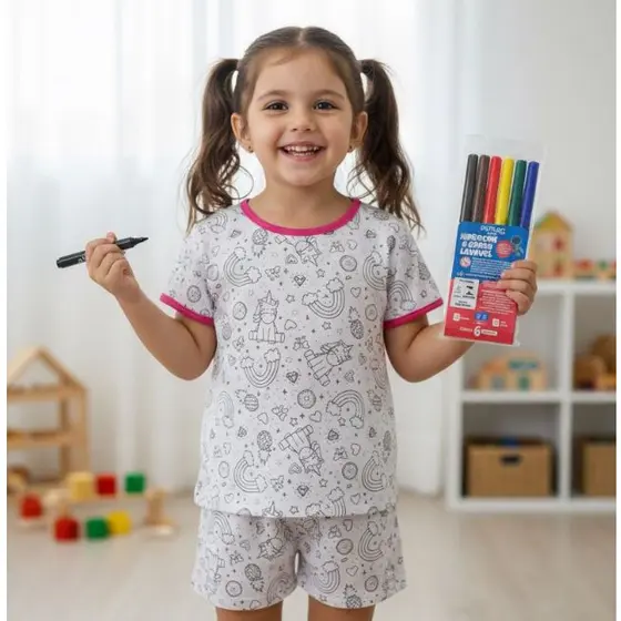 Pijama Infantil Menina Para Colorir Tecido Confortável Leve Alta Durabilidade Acompanha Canetinha Envio Rápido