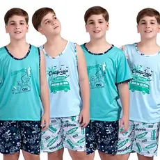 Pijama Infantil Masculino Menino Azul Camiseta Regata Malha Conjunto Camisa Short Premium Envio Rápido