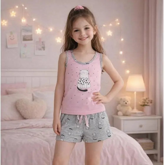 Pijama Infantil Feminino Baby Doll Short Doll Estampado Rosa Poliéster com Viscose Envio Rápido