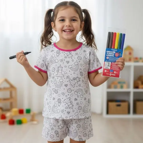 Pijama Infantil Menino Menina Unissex Para Colorir Confortável Leve Alta Durabilidade Acompanha Canetinha Promoção
