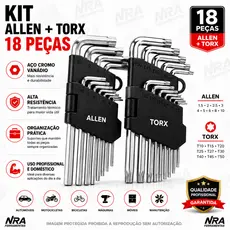 Kit Chaves Allen e Torx 18 Peças Alta Resistência em Aço Cromo Vanádio Ideal para Oficina e Manutenção