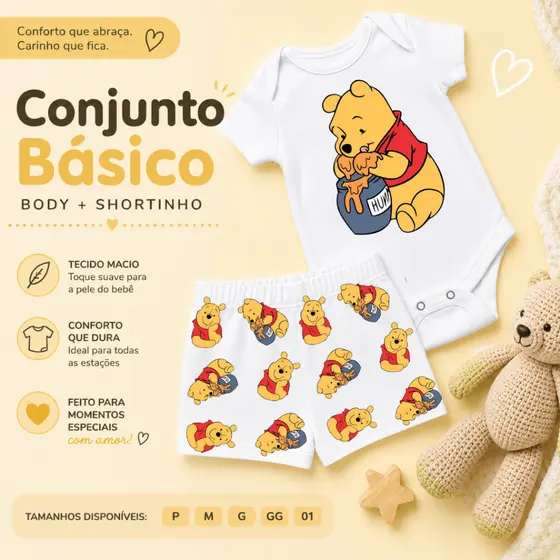 Conjunto bebê manga curta Personalizado tema Ursinho Pooh