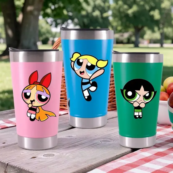 copos termicos das meninas super poderosas coloridos verde rosa azul qualidade com tampa e abridor