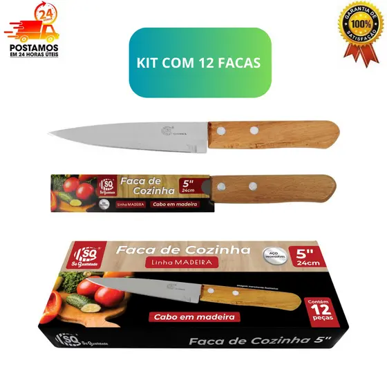 Faca de Cozinha Cabo de Madeira Kit 12 unidades