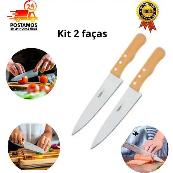 kit Facas de Cozinha Aço 5 Inox Cabo de Madeira Carne Salada Legumes Churrasco