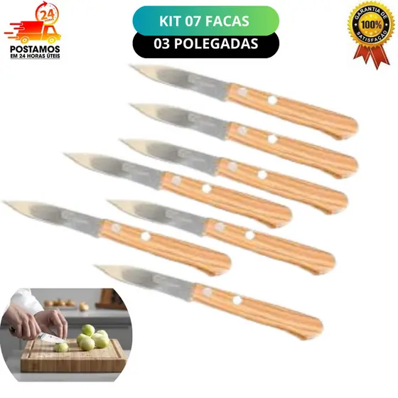 kit 7 Facas de Cozinha Aço Inox Cabo de Madeira 3" Carne Salada Legumes frutas