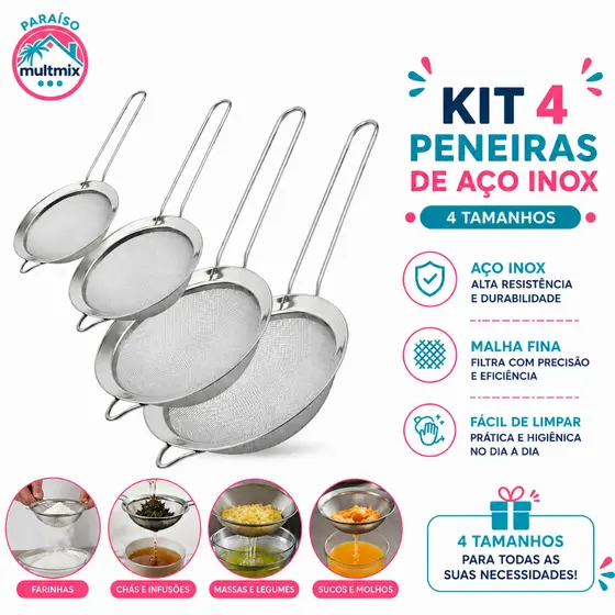 Kit 4x Peneira Inox 8/10/12/16cm para Cozinha Drinks Confeitaria Polvilhar Peneirar Açúcar Farinha