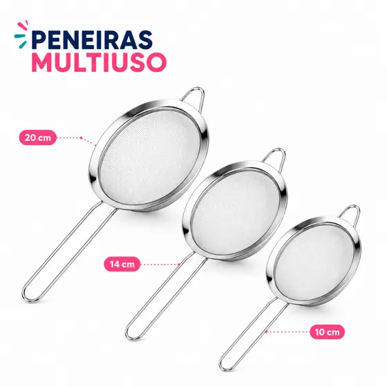 Kit Peneira Coador Manual Em Aço Inox Para Cozinha 10cm 14cm 20cm
