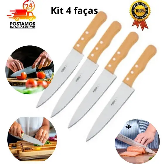 kit Faca de Cozinha Cabo de Madeira Carne Salada Legumes Churrasco