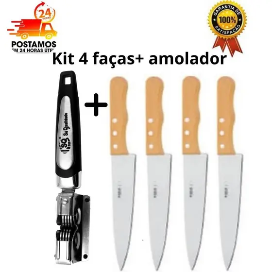 kit 4 facas de cozinha aço inox 5´´ mais amolador profissional