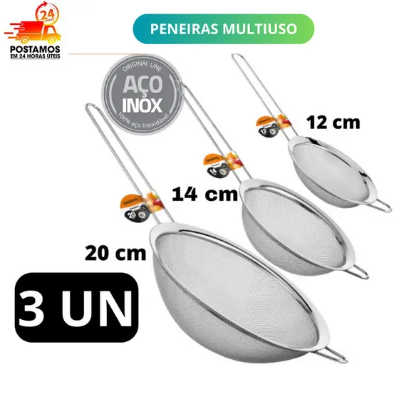 Kit 03 Peneira Coador Manual Em Aço Inox Para Cozinha 12cm 14cm 20cm