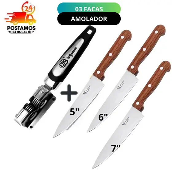 kit 3 facas de cozinha aço 5" , 6" e 7" inox mais amolador profissional