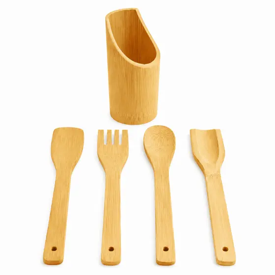 Kit Utensílios de Bambu 5 Peças Cozinha Colher Espátula Garfo + Suporte Talheres Ecológico