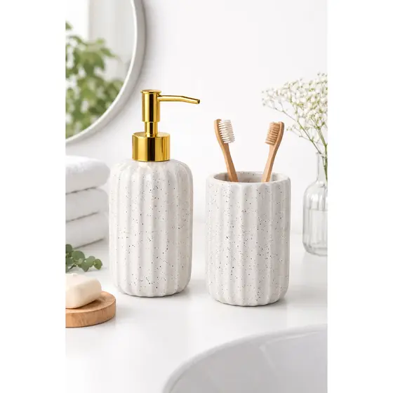 Kit Saboneteira Para Banheiro Porta Escova Para Sabonete Liquido De Cerâmica Luxo Hubi Happiness