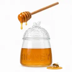 Meleira de Vidro 500ml Porta Mel Tampa Colmeia Abelha e Pegador de Madeira Favo Mel Honey Elegance