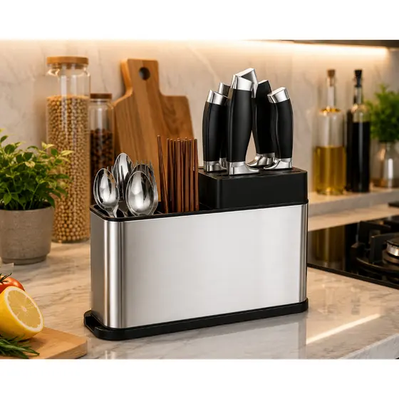 Porta Talheres Inox Organizador Facas Escorredor Louça Cozinha com Bandeja de Drenagem