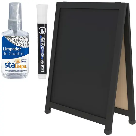 Placa Calçada 80x60cm Cavalete Duplo Quadro Preto Com Giz Líquido Branco E Apagador Limpador