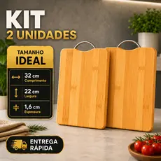 Tábua de Bambu com Alça em Aço Lisa Antibacteriana Premium 32x22x1,6cm Retangular Corte Cozinha Gourmet