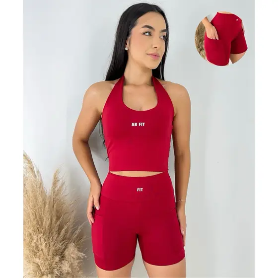 Conjunto Academia Fitness Short Com Bolso Corrida Feminino Roupa Blusa Frente Única