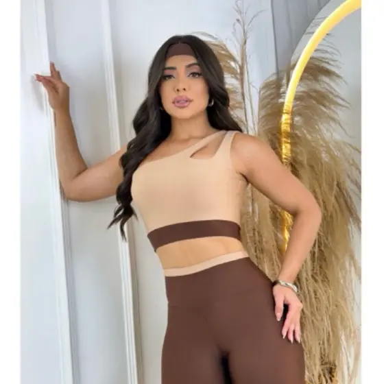 Roupa de Academia Feminina Fitness Conjunto Top Calça Legging Bicolor Treino