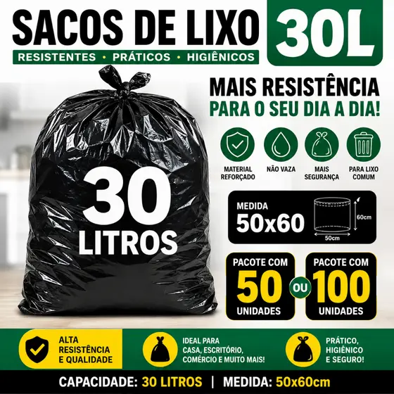 Saco de lixo 30 litros pacote com 100 ou 50 unidades direto da fábrica