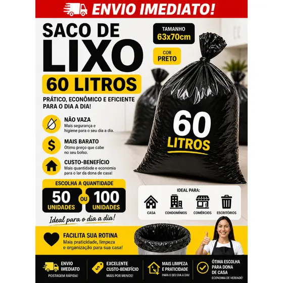 Saco de lixo 60 Litros preto casa condominio Direto da fábrica