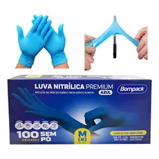kit 100 luvas nitrílicas sem pó Azul descartável resistente com certificado proteção