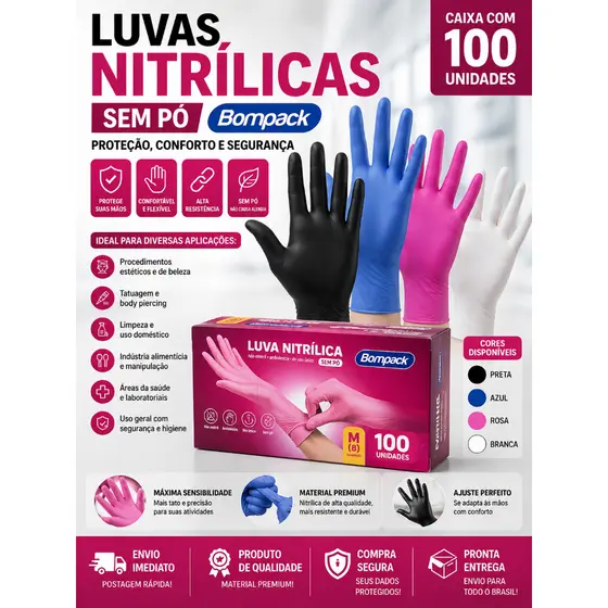 Luva Nitrílica sem pó nitrilo preta/rosa/azul antialérgica descartáveis P, M , G, GG com certificado
