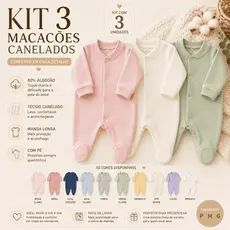 Kit 3 Macacões Canelados Suedine Bebê Manga Longa Com Pé P M G