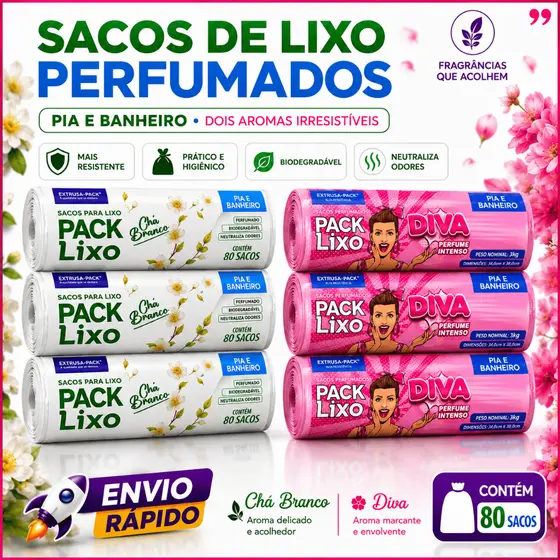 Kit Sacos de Lixo Perfumados para Pia e Banheiro – Chá Branco e Diva