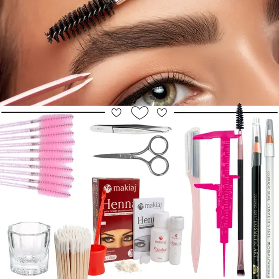Kit Sobrancelha Henna Makiaj - Kit Paquimetro + Pincel + Dappen + Lápis + Escovinha + Palito Henna
