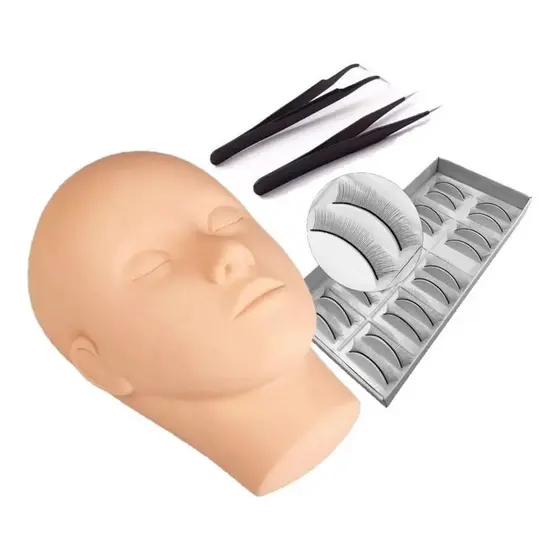 Kit Cabeça Treino Cartela De Cilios Alongamento Par De Pinças