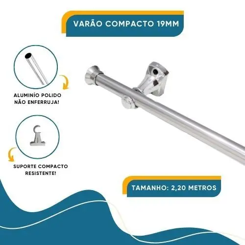 Varão para Cortinas Cromado 2,20mts 19mm Compacto