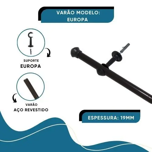 Varão para Cortina Europa 19mm Cores e Tamanhos Variados