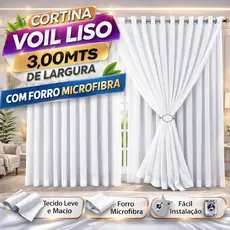 CORTINA 3.0MTS DE LARGURA VOIL LISO C/ FORRO MICROFIBRA TAMANHOS E CORES VARIADAS PARA SALA / QUARTO