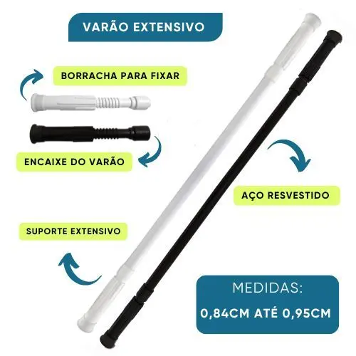 Varão Extensivo Ajustável 0,84cm Até 0,95cm para Cortina Box Banheiro Suporte Extensor Branco/Preto