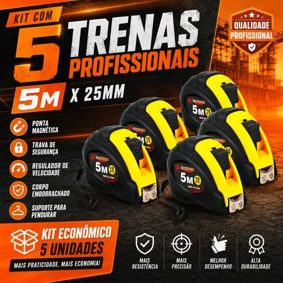 Trena De Aço Emborrachada Profissional - Com 5 Metros - Kit C/5 Unidades - Nybc